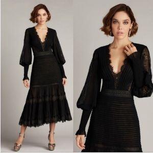 Tadashi Shoji Lace Pintuck Long Sleeve Midi Dress Size 16 black
